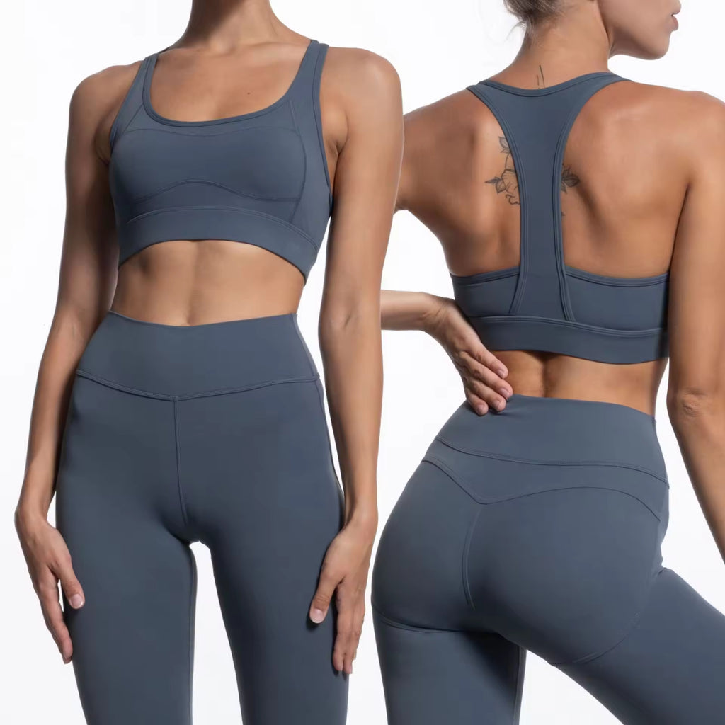 Grey high-waist leggings and top set for women – stylish yoga and gym wear
